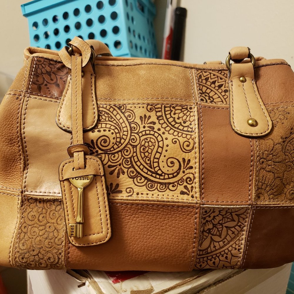 Fossil Patchwork Purse With Custom Pyrographed He… - image 3